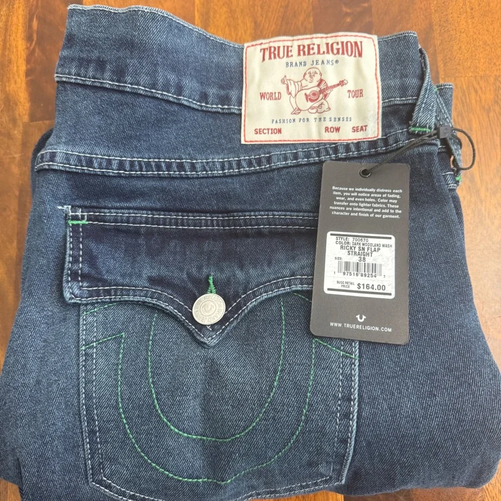 True Religion Ricky Relaxed Sn Flap Dark Wash‎ Straight Jeans Mens Size 38x34
